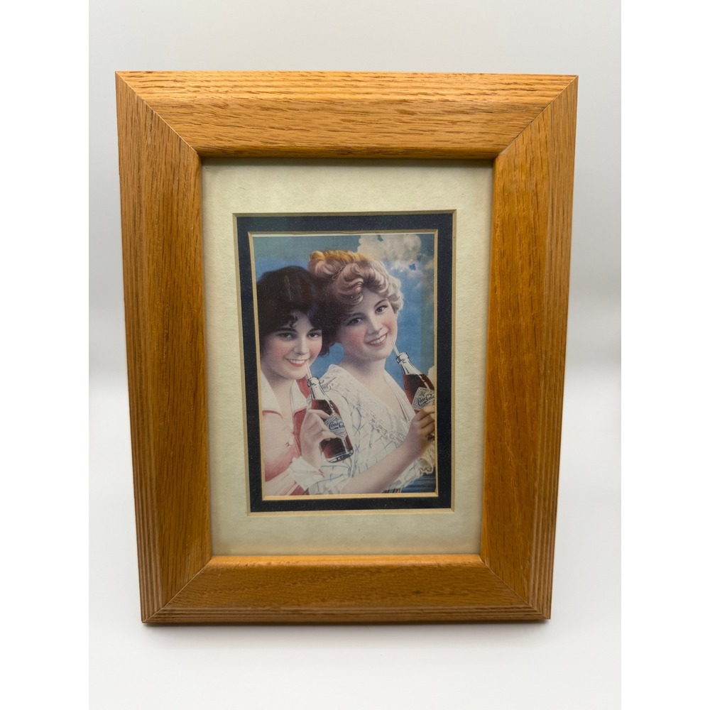 Vintage Coca-Cola Framed Art Print Oak Wood Frame Two Women Drinking Coke Decor